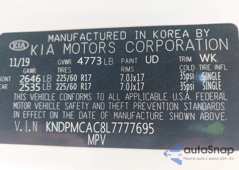 2020 Kia Sportage Lx z USA, uszkodzony, nr VIN KNDPMCAC8L7777695